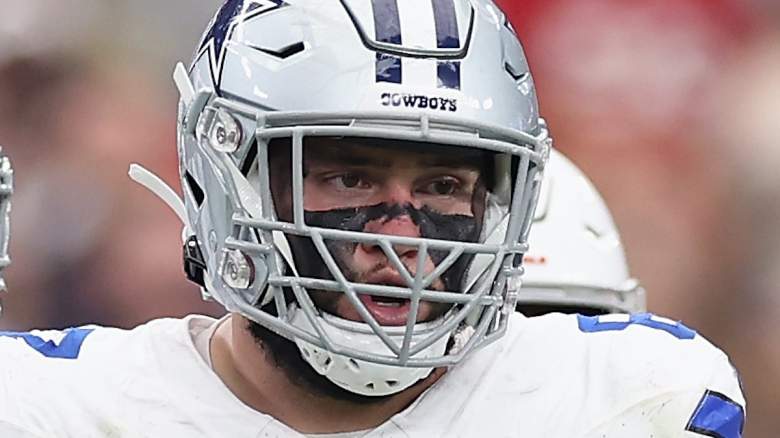 Ex-Cowboys OL Brock Hoffman reacts between plays.