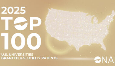 Graphic with a U.S. map and the words, "2025 Top 100 U.S. Universityies Granted U.S. Utility Patents.
