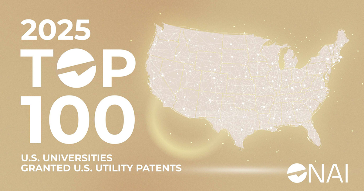 Graphic with a U.S. map and the words, "2025 Top 100 U.S. Universityies Granted U.S. Utility Patents.