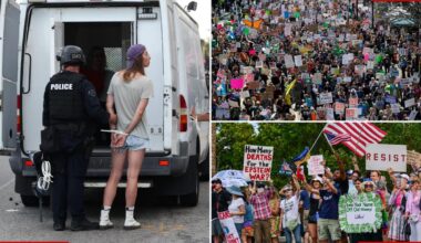 No Kings protests turn violent as unruly mob waving Palestinian flags hurl cement blocks at DHS agents