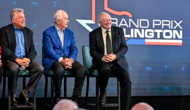 FILE -Texas Rangers chief operating officer Neil Leibman, left, Penske corporation chairman Roger Penske, center, and Dallas Cowboys team owner Jerry Jones, right, attend a news conference in Arlington, Texas, Tuesday, Oct. 8, 2024, announcing the IndyCar Grand Prix of Arlington to be held in 2026. (AP Photo/Jerome Miron, File)