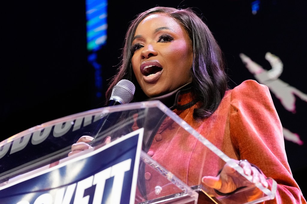 Rep. Jasmine Crockett speaks during a primary election watch party on March 3, 2026.