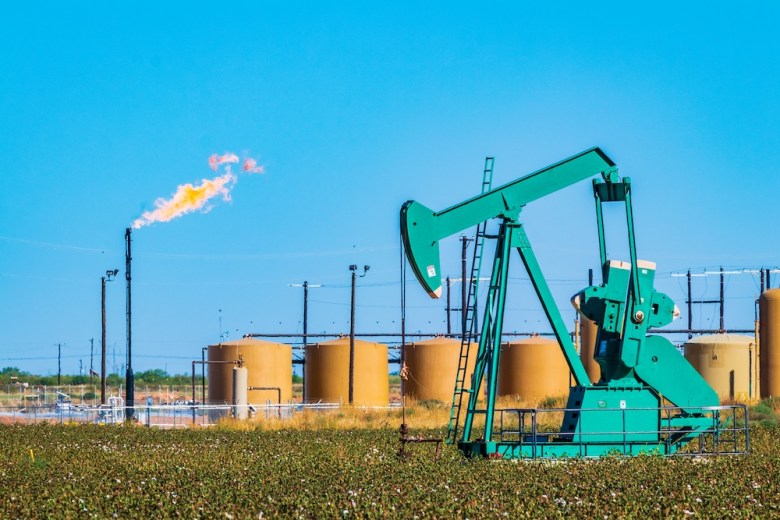 Gas flares at a Texas oil production and storage facility. 