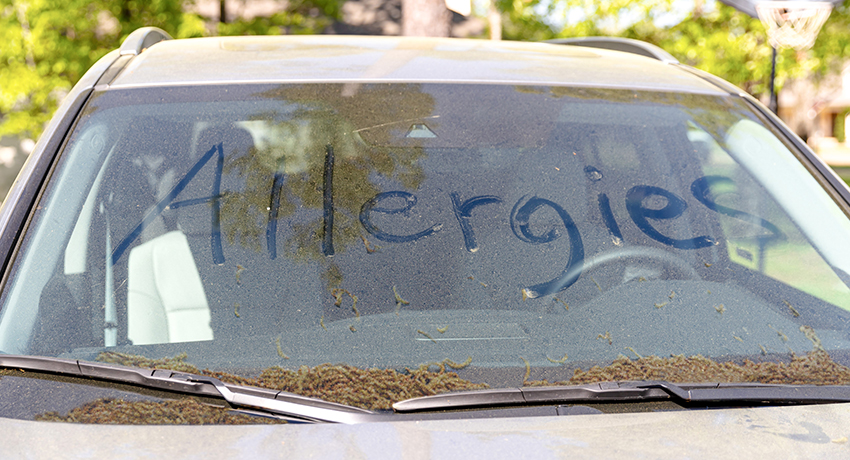 Car covered with tree pollen. The word allergies is written on the windshield.