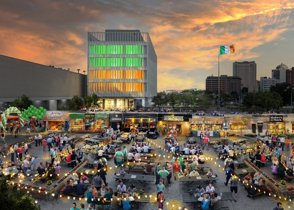 Image shows POST Market in Houston decorated in Irish colors for it's St. Patrick's Day festivities.