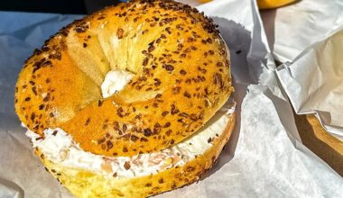 A toasted onion bagel with lox schmear from Starship Bagels, the reigning king of Dallas bageldom.