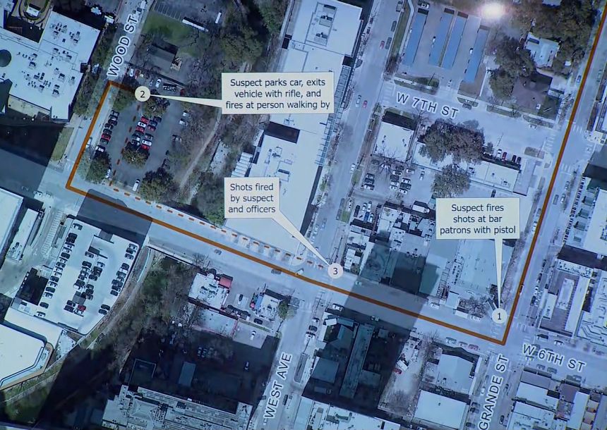 A map showing the scenes of the deadly mass shooting in Austin as seen during a news conference on Thursday.
