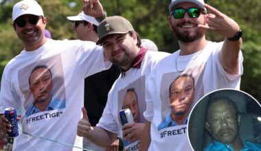 Tiger Woods fans wear shirts with mugshot during PGA Tour's Houston Open