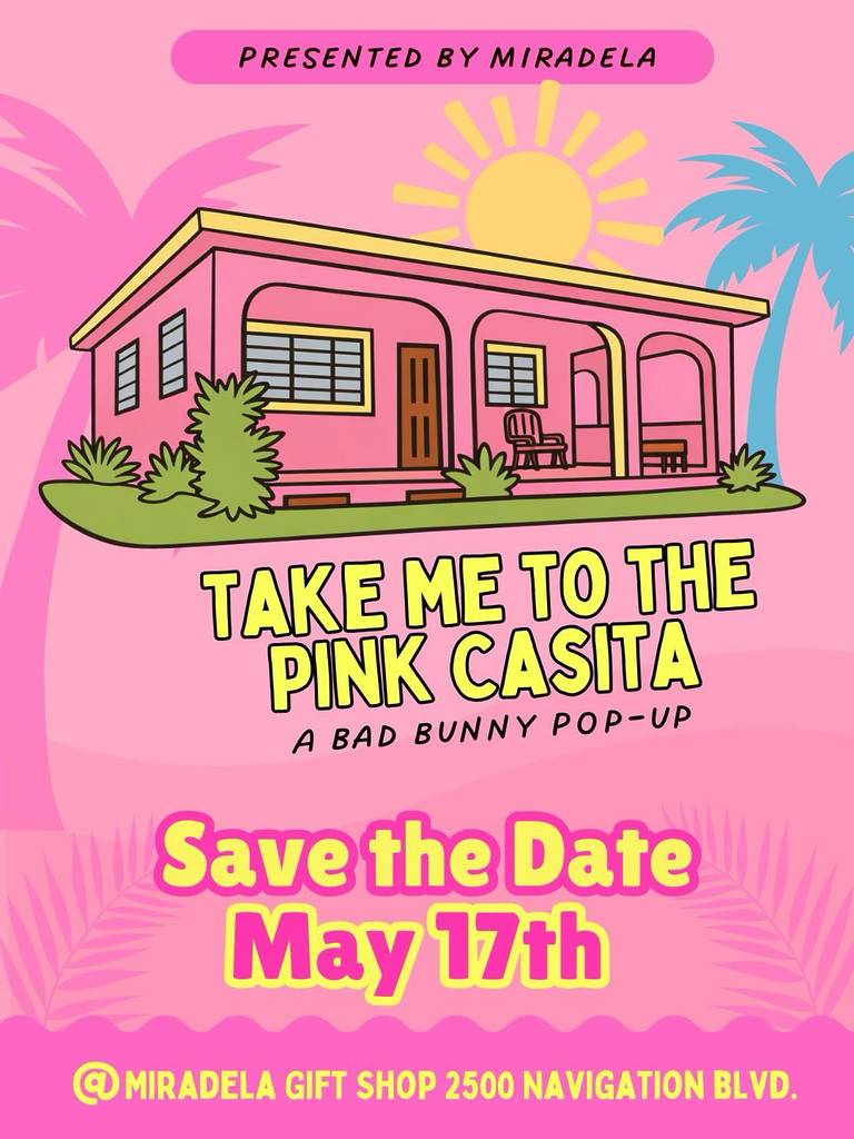 Graphic shows information regarding the Pink Casita Bad Bunny pop-up in Houston.