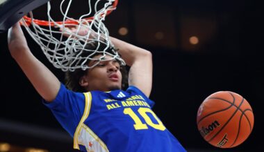 Mar 31, 2026; Glendale, AZ, USA; Austin Goosby (10) dunks the ball during the McDonald's All American Boys Game at Desert Diamond Arena.