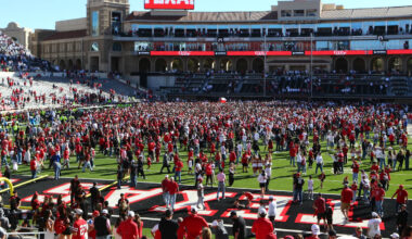 Nov 8, 2025; Lubbock, Texas, USA;  Fans fill the field after the game between the Texas Tech Red Raiders and the Brigham Young Cougars at Jones AT&T Stadium. Mandatory Credit: Michael C. Johnson-Imagn Images