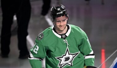 Feb 4, 2026; Dallas, Texas, USA; Dallas Stars center Radek Faksa (12) takes the ice as the Stars celebrate their 2026 Winter Olympics hockey players before the game against the St. Louis Blues at the American Airlines Center. Mandatory Credit: Jerome Miron-Imagn Images