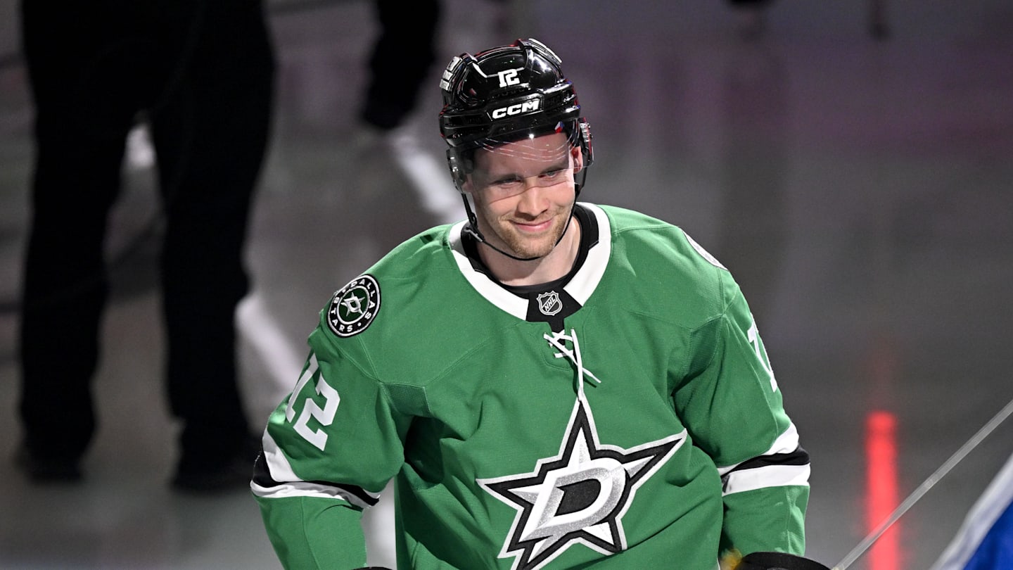 Feb 4, 2026; Dallas, Texas, USA; Dallas Stars center Radek Faksa (12) takes the ice as the Stars celebrate their 2026 Winter Olympics hockey players before the game against the St. Louis Blues at the American Airlines Center. Mandatory Credit: Jerome Miron-Imagn Images