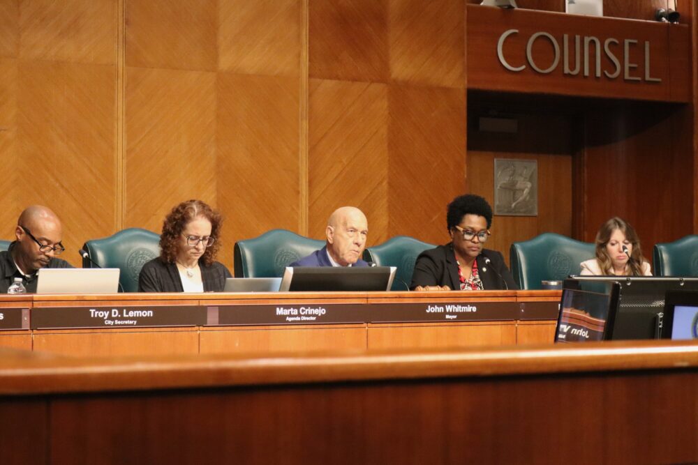 Mayor John Whitmire listens to a public speaker on March 31, 2025.