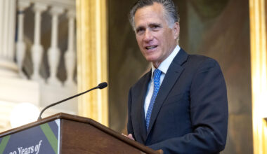 Former Governor Mitt Romney speaks at a gathering in Faneuil Hall to celebrate 20 years of Massachusetts health care reform. (Robin Lubbock/WBUR)