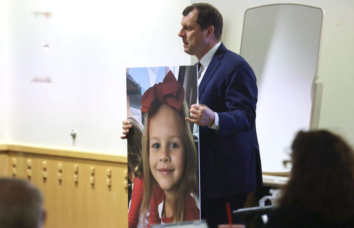 Wise County District Attorney James Stainton holds a photo of Athena Strand during the capital murder trial of Tanner Horner on Wednesday, April 15, 2026.
