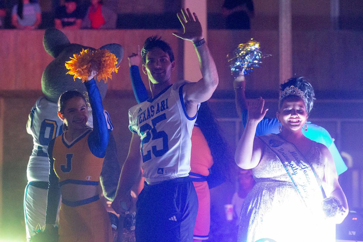 Texas A&M University-Kingsville's float makes its way down Schatzell Street at the annual Buc Days Rally Night Parade in downtown Corpus Christi on April 26, 2025.