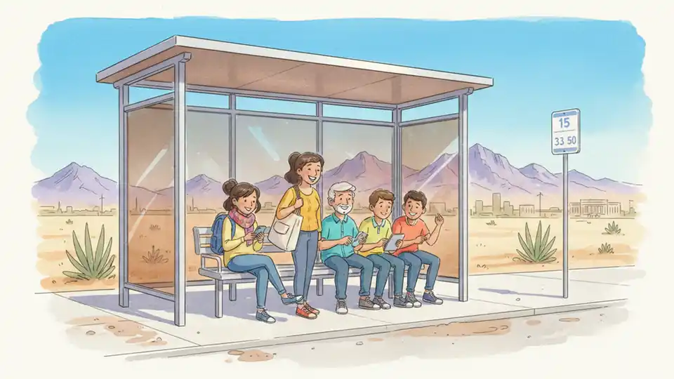 Transit riders waiting at outdoor bus shelter in El Paso with clear skies