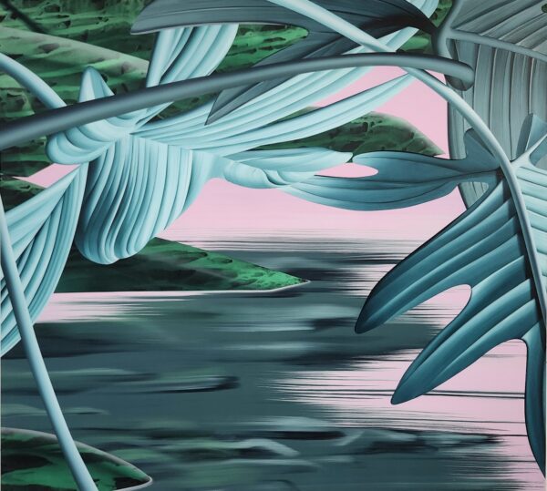 A painting by Anna Membrino of plant leaves in the foreground and a pinkish green body of water in the background.