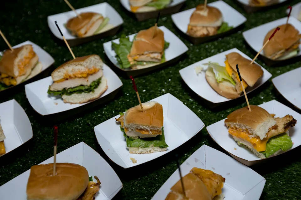 Grilled chicken sandwich mini bites are prepared during a food tasting event for the El Paso Chihuahuas and El Paso Locomotive FC home games at Southwest University Park on Wednesday, Feb. 25, 2026, in El Paso, Texas.
