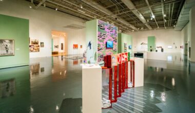 An installation image of the 2024 Border Biennial / Bienal Fronteriza 2024 featuring many artworks on the walls, pedestals and floors.