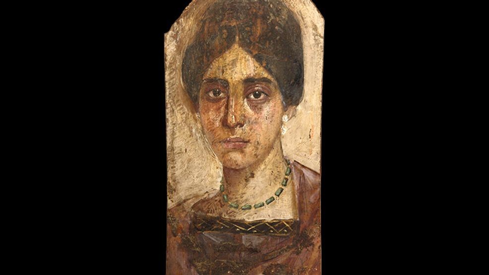 Panel painting (Classmark 2266). Encaustic portrait of a Roman woman painted on a thin wooden panel, originally attached to her. 