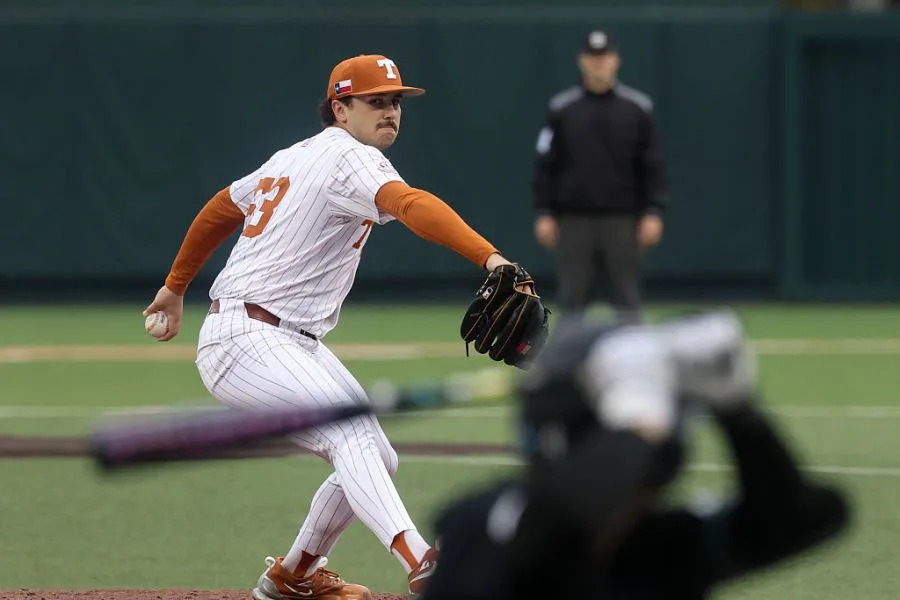 AUSTIN, TX – MARCH 07: Pitcher Luke Harrison #53 of the Texas Longhorns pitches the ball during the college baseball game between Texas Longhorns and USC Upstate Spartans on March 7, 2026, at UFCU Disch-Falk Field in Austin, TX. (Photo by David Buono/Icon Sportswire via Getty Images)