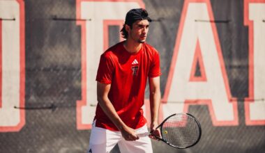 Thiago Guglieri waiting to serve the ball. Texas Tech vs UTSA Men's Tennis on March 22, 2026. (Photo by Joseph Cabrera/ Texas Tech Athletics)