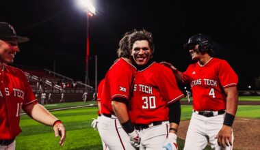 The Red Raiders celebrate Caden Ferraro's Walk-off home run Tuesday night in Tech's 15-4 run-rule win over ACU