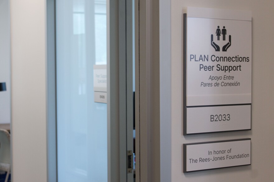 A sign outside of a hallway with offices reads "PLAN Connections Peer Support."