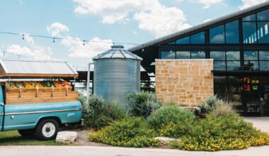 Exterior shot of Deep Eddy Vodka's tasting room in Dripping Springs, Texas. 