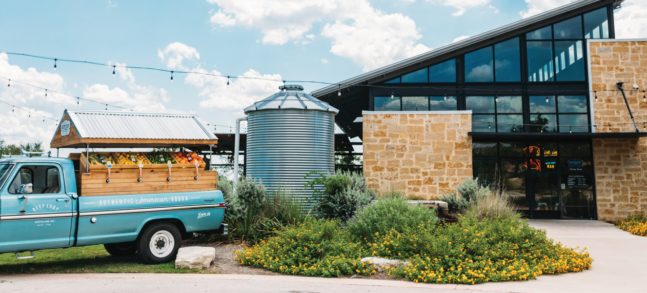 Exterior shot of Deep Eddy Vodka's tasting room in Dripping Springs, Texas. 