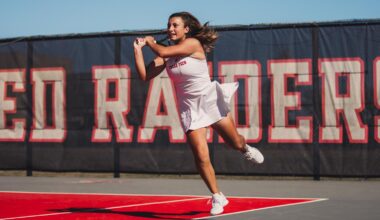 Hailey Murphy preparing to return a serve. Texas Tech vs Colorado women's tennis on March 28, 2026 in Lubbock, TX. (Photo by Gavin Daly/Texas Tech Athletics)