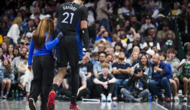 Dallas Mavericks forward Cooper Flagg celebrates after a Mavericks score during the second half of an NBA basketball game against the Los Angeles Lakers at American Airlines Center on Sunday, April 5, 2026, in Dallas.