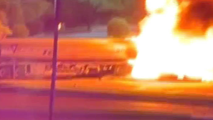 Gasoline tanker erupts in flames after hitting power lines in Texas