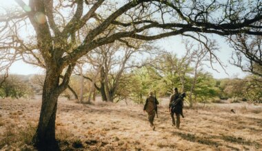 Two men walk in a scrubby landscape