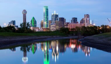 The Margaret Hunt Hill Bridge bridge and downtown Dallas skyline