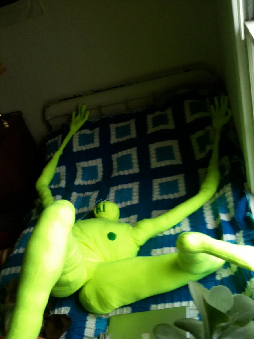 Before it was installed in 2014, the Hi Doll was fluorescent green. Today, the color has faded and the doll is covered in plant matter.