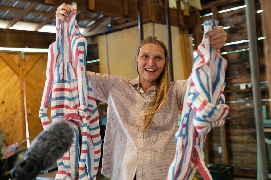 Magdalena Jarkowiec, a visual artist, dancer, and therapist, shows her workshop and studio to KUT Reporter Katy McAfee on Friday, Sept. 19, 2025, in Austin. Michael Minasi / KUT News