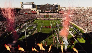 Joey McGuire is pictured in Texas Tech's South End Zone Building press conference room, discussing the Red Raiders' win over BYU in 2025 with members of the media.