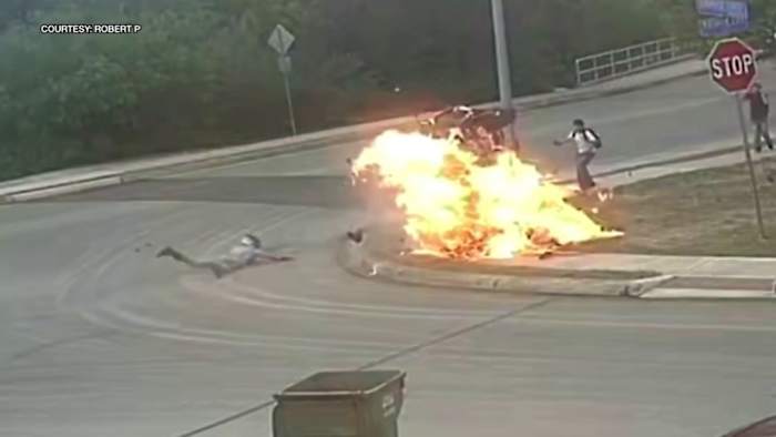 Boy describes narrowly escaping injury when motorcyclist crashed, burned in west Bexar County