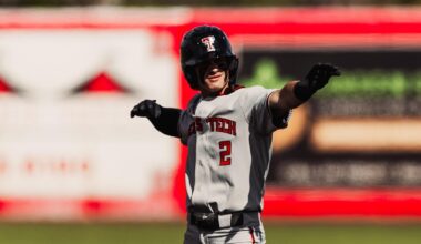 Tracer Lopez celebrates a double during the Red Raiders Friday night contest with No. 17 WVU