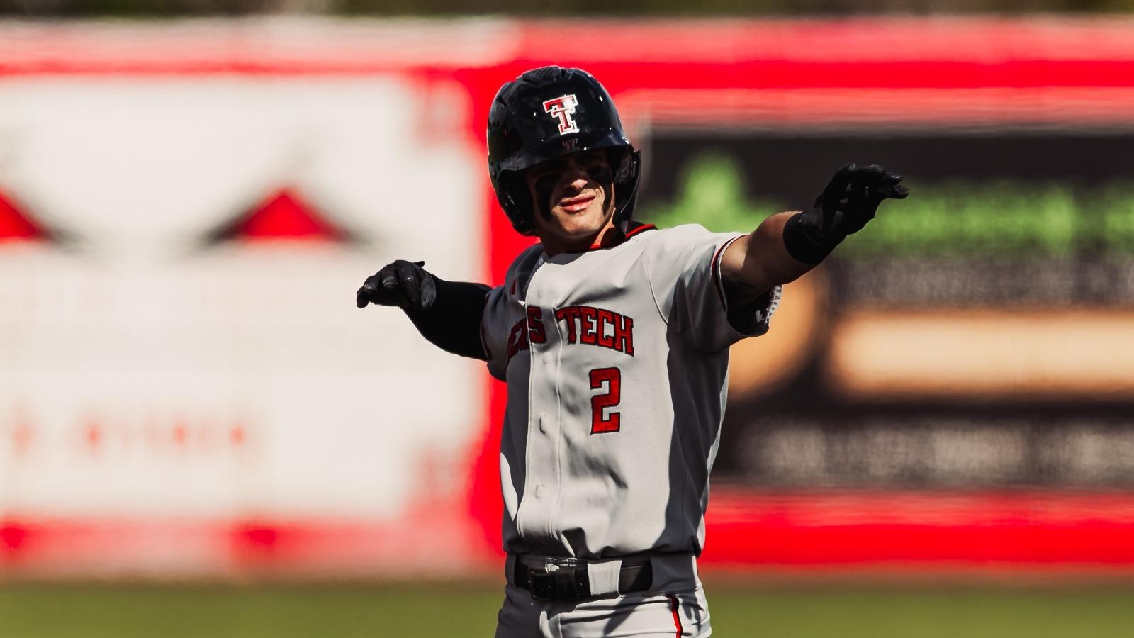 Tracer Lopez celebrates a double during the Red Raiders Friday night contest with No. 17 WVU