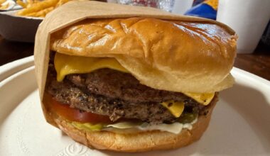 Double cheeseburger at Top of the Hill Greasy Burgers in Bryan, Texas.