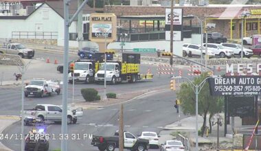 A damaged silver pickup truck is stopped in the middle of a street as El Paso police investigate a serious traffic collision at the intersection of North Mesa Street and Brentwood Avenue on Saturday, April 11, 2026.