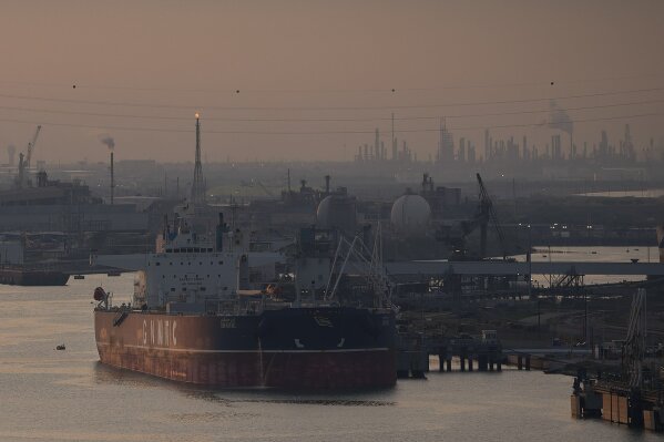 A ship is docked as the sun sets Thursday, Nov. 16, 2023, at the Port of Corpus Christi in Corpus Christi, Texas. (Jon Shapley/Houston Chronicle via AP)