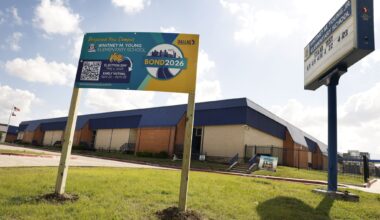 Reunion tower is refracted in raindrops on a windshield as rain and thunderstorms move through the region on Saturday, March 7, 2026, in Dallas.