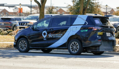 A Via van drives through The University of Texas at Arlington campus, Thursday, Feb. 5, 2026, in Arlington. Via is providing a new microtransit service in Plano called Plano Rides.