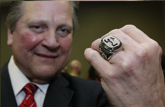 Arlington Mayor, Dr. Robert Cluck  shows of the 2010 American League Championship Ring he received at the Texas Rangers welcome home luncheon at thte Arlington Convention Center in Arlington, Texas, on March 31, 2011. (Michael Ainsworth/The Dallas Morning News)