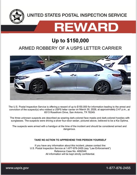 $150K for tips related to robbery of San Antonio mail carrier